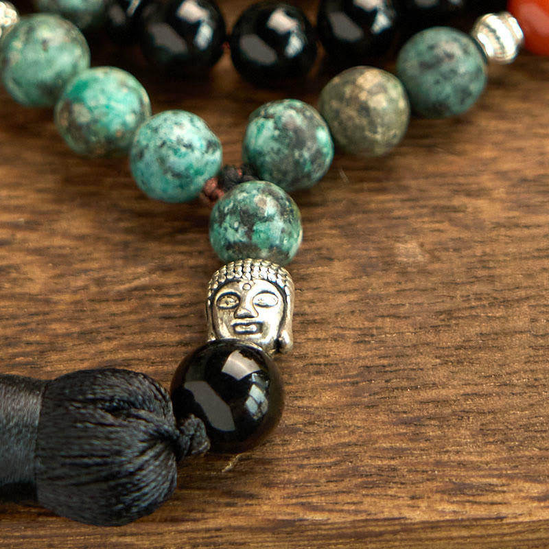 108 Mala Natural Black Onyx Red Jasper Turquoise Beads mystic zen Head Tassel Protection Bracelet