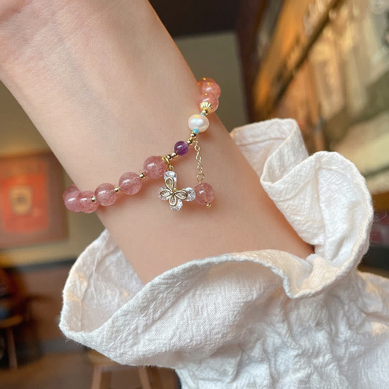 Natural Strawberry Quartz Green Strawberry Quartz Butterfly Charm Love Bracelet