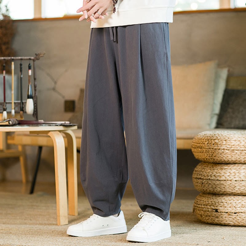 Solid Color Cotton Linen Drawstring Men's Harem Pants With Pockets
