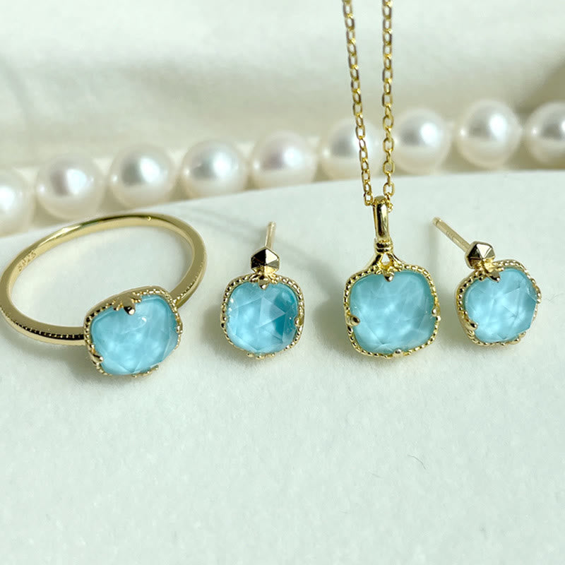 925 Sterling Silver Plated Gold Turquoise Protection Ring Earrings Necklace Pendant Set