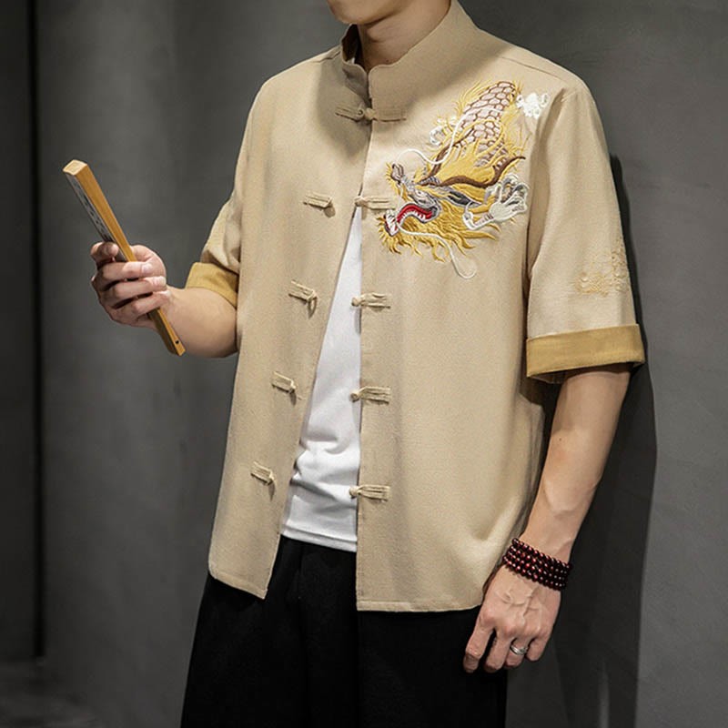Frog-Button Chinese Dragon Auspicious Cloud Embroidery Half Sleeve Shirt Cotton Linen Men Clothing