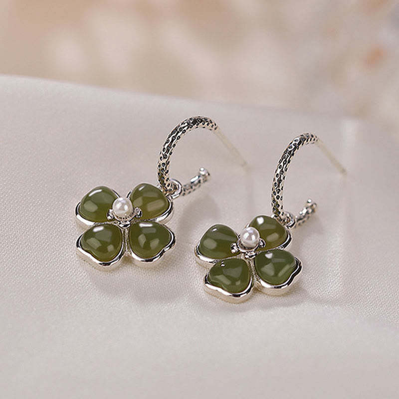 925 Sterling Silver Natural Cyan Jade Four Leaf Clover Luck Success Earrings