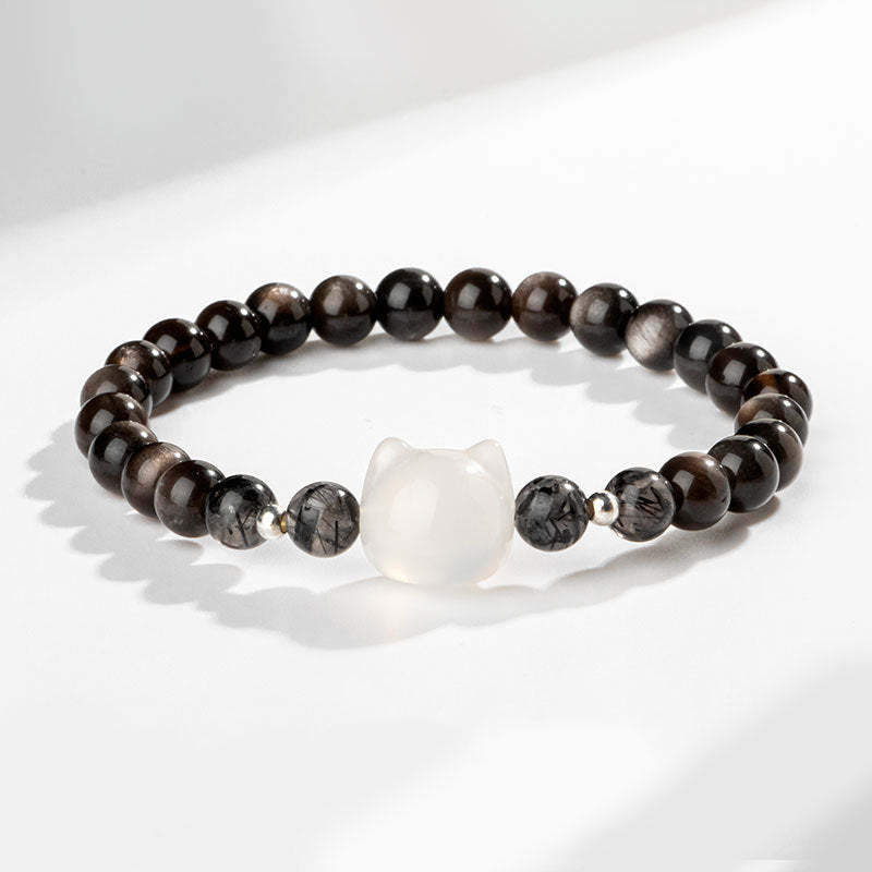 Natural Silver Sheen Obsidian Cute Cat Head Protection Bracelet