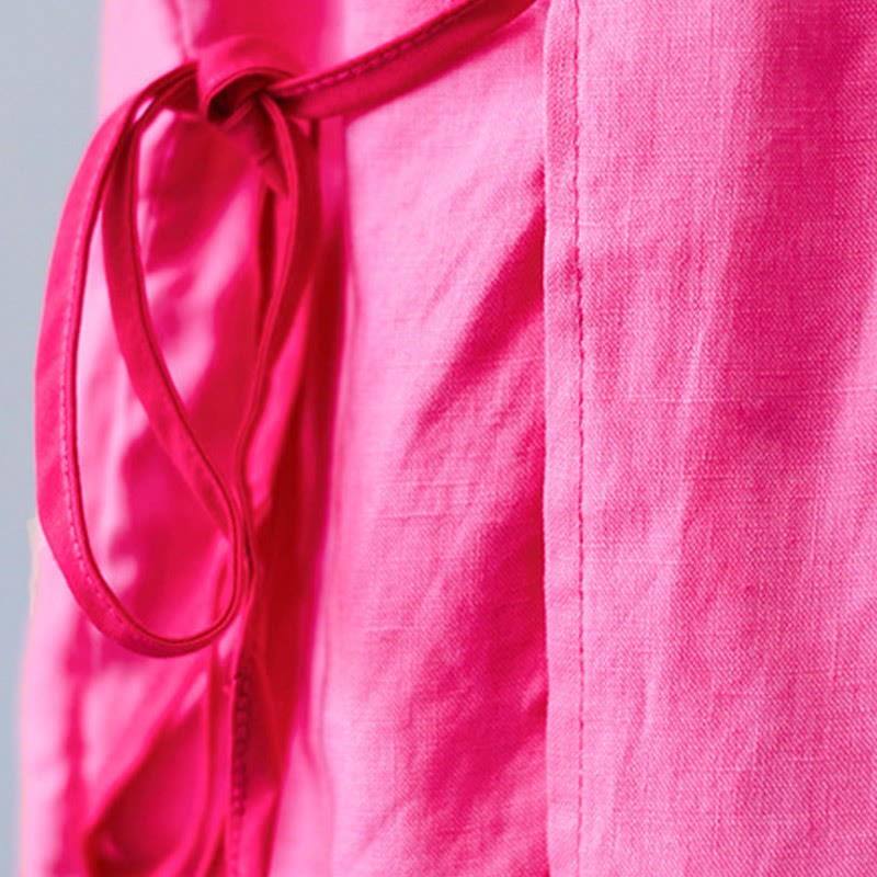 Summer Casual Ethnic Embroidery Flower Lace-up Short Sleeve V-neck Cotton Linen Women's T-Shirt