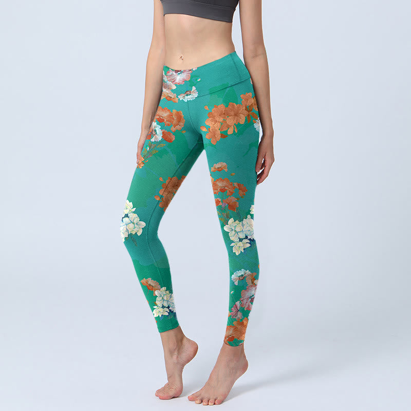 Green Orange Beige Floral Print Gym Leggings Women's Yoga Pants