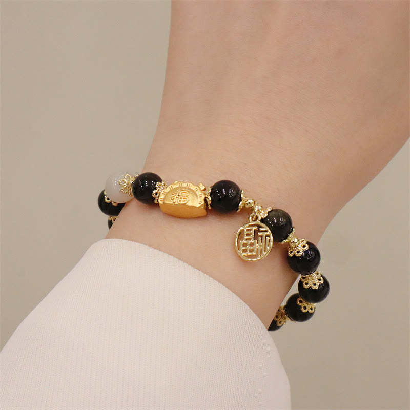 Year Of The Dragon Red Agate Strawberry Quartz Black Obsidian Jade Garnet Pearl Cinnabar Dumpling Dragon Luck Fu Character Bracelet