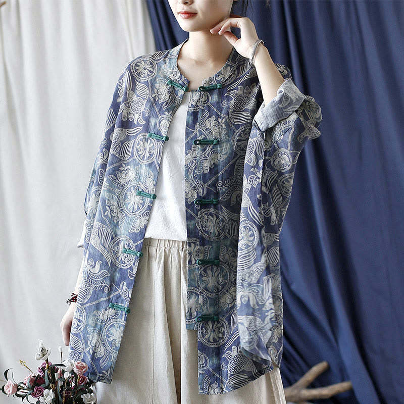 Birds Flowers Geometry Frog-Button Long Sleeve Ramie Linen Jacket Shirt