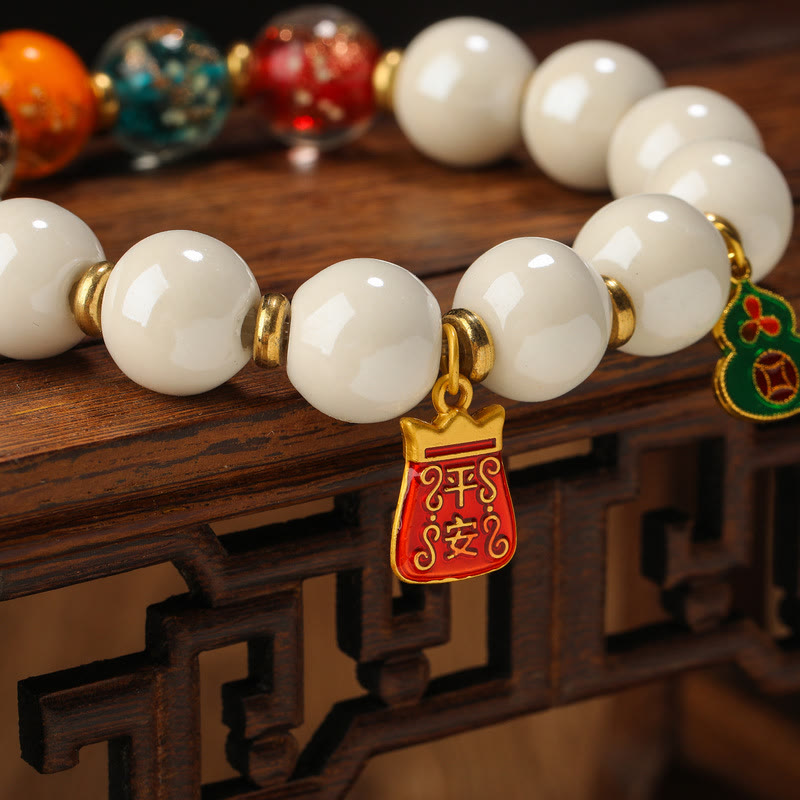 Tibetan Incense Ash Porcelain Luminous Fluorescent Liuli Glass Bead Gourd Copper Coin Charm Peace Bracelet