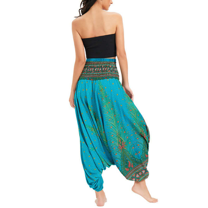 Two Style Wear Peacock Feather Loose Smocked Harem Trousers Jumpsuit High Waist Pants