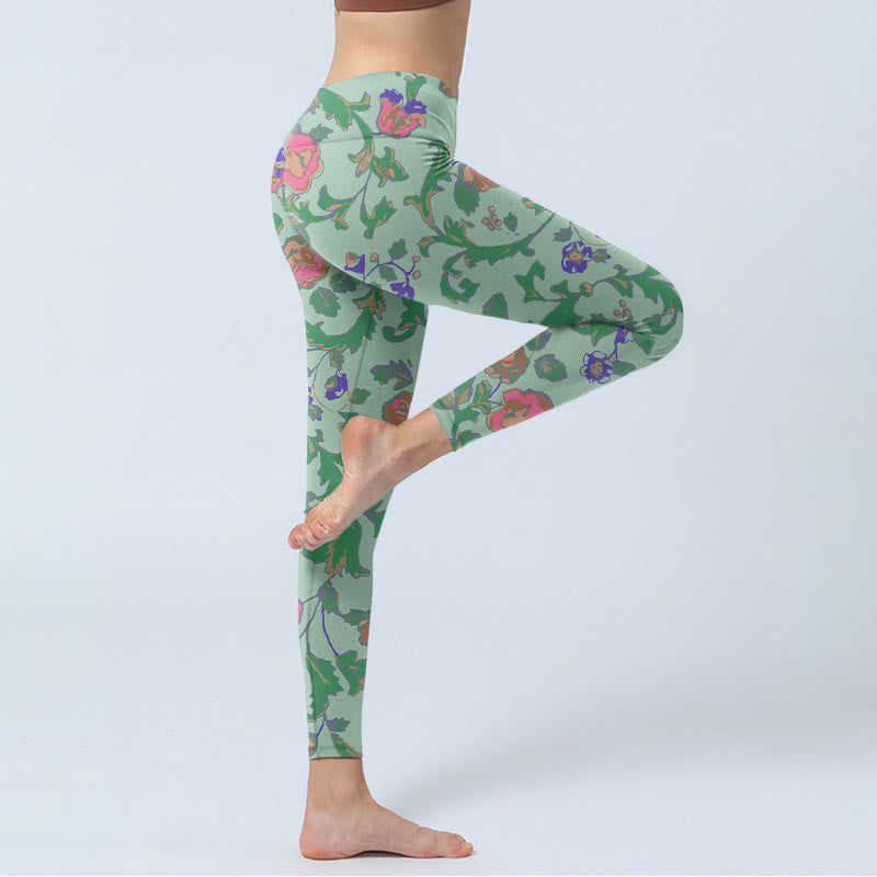 Green Red Roses Green Leaves Print Gym Leggings Women's Yoga Pants