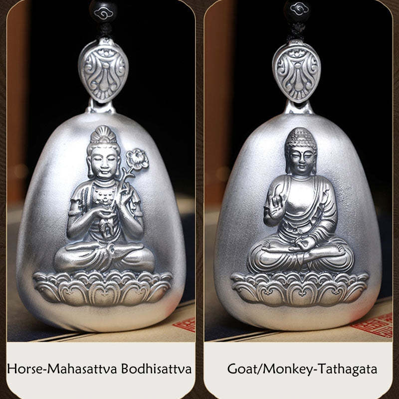 999 Sterling Silver Chinese Zodiac Natal mystic zen Heart Sutra Engraved Protection Necklace Pendant