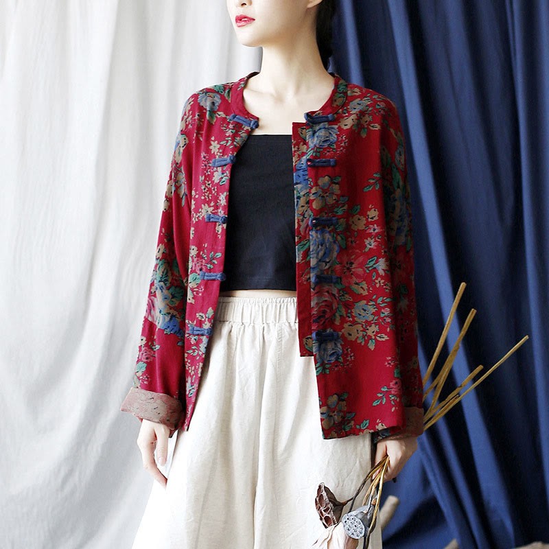 Red Flowers Green Leaves Print Frog-button Design Long Sleeve Cotton Linen Jacket Shirt