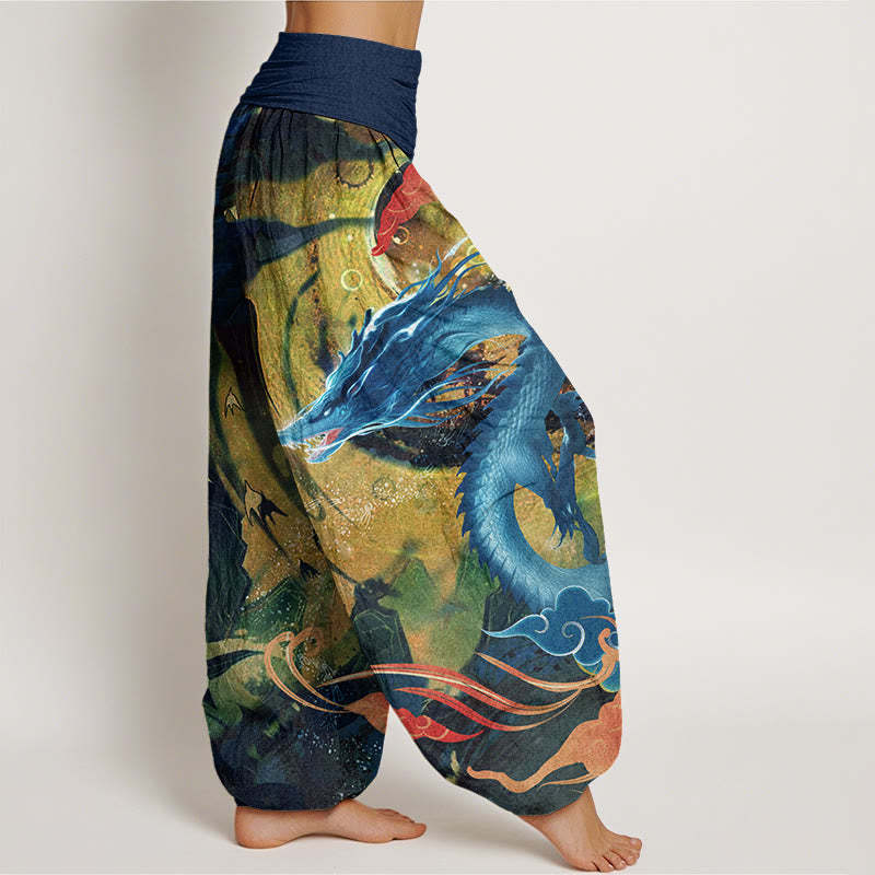 Dragon Auspicious Clouds Pattern Women's Elastic Waist Harem Pants
