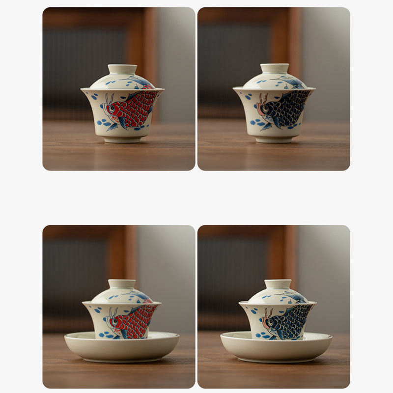 Koi Fish Arowana Ceramic Gaiwan Sancai Teacup Kung Fu Tea Cup With Lid 130ml