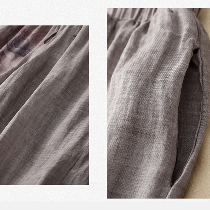 Floral Print High Waist Cotton Linen Drawstring Wide Leg Pants With Pockets