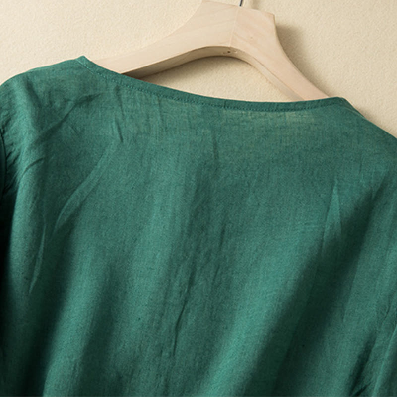 Casual Embroidery Flowers Leaves Women's Crew Neck Design Long Sleeve Cotton Linen Shirt