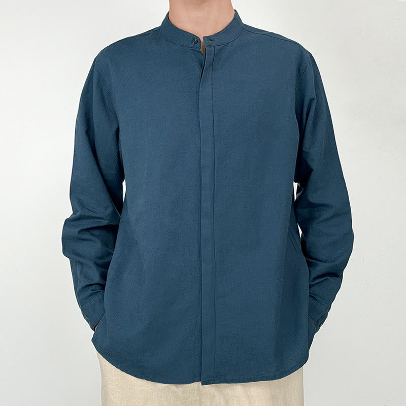 Casual Solid Color Button Front Long Sleeve Cotton Linen Men's Shirts