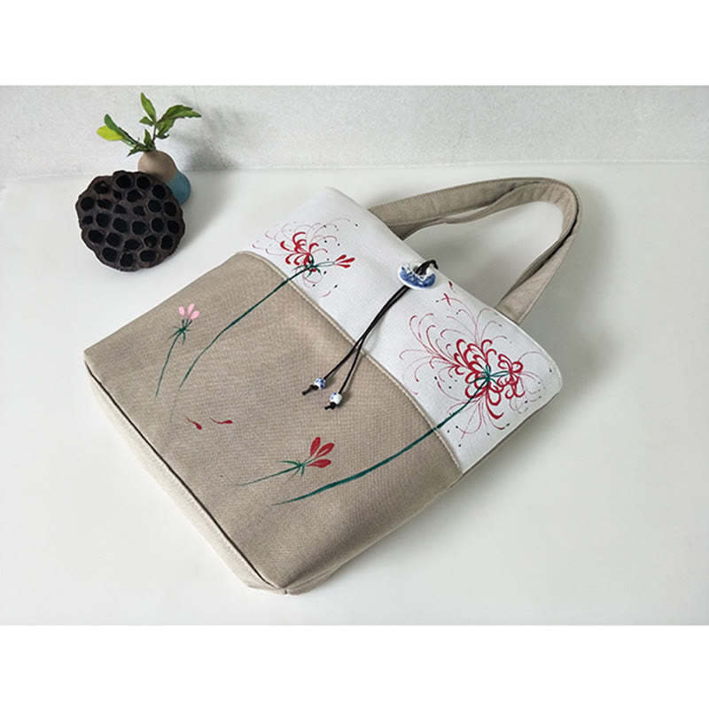 Pear Flower Plum Peach Blossom Bamboo Embroidery Canvas Large Capacity Shoulder Bag Tote Bag
