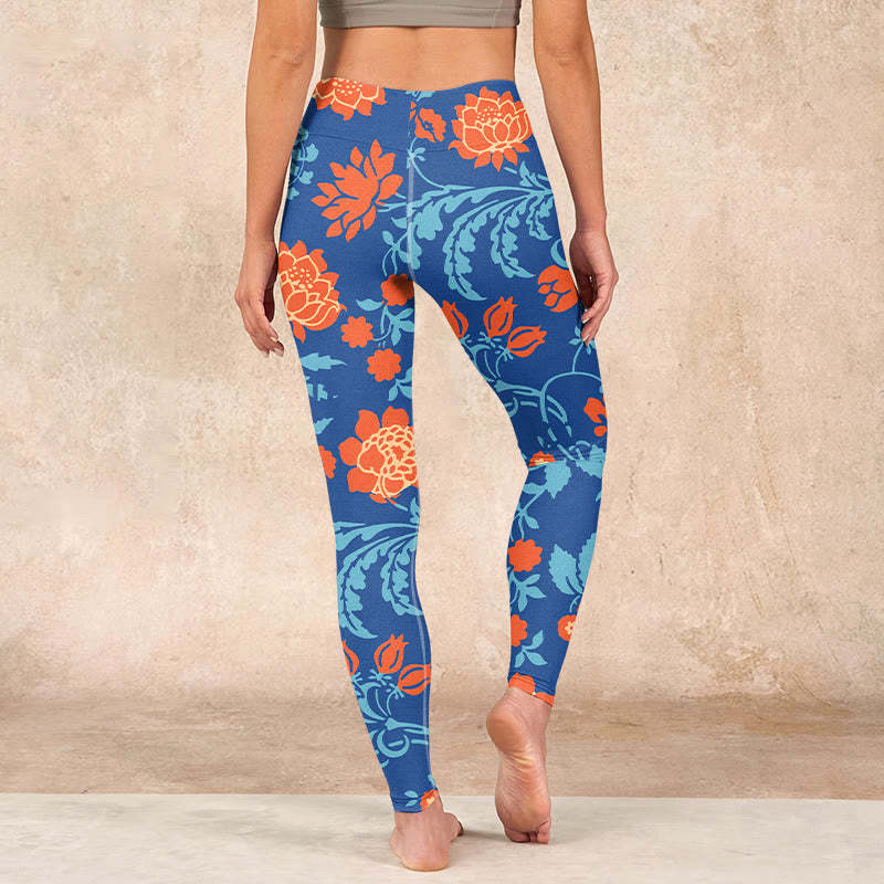 Steel Blue Red Tulips Flowers Leaves Print Gym Leggings Women's Yoga Pants