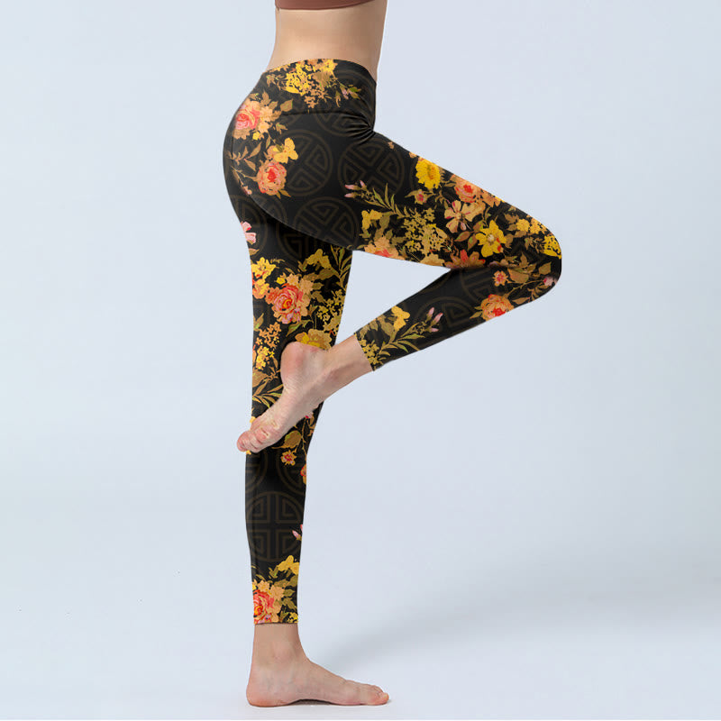 Yellow Pink Flowers Green Leaves Print Gym Fitness Leggings Women's Yoga Pants