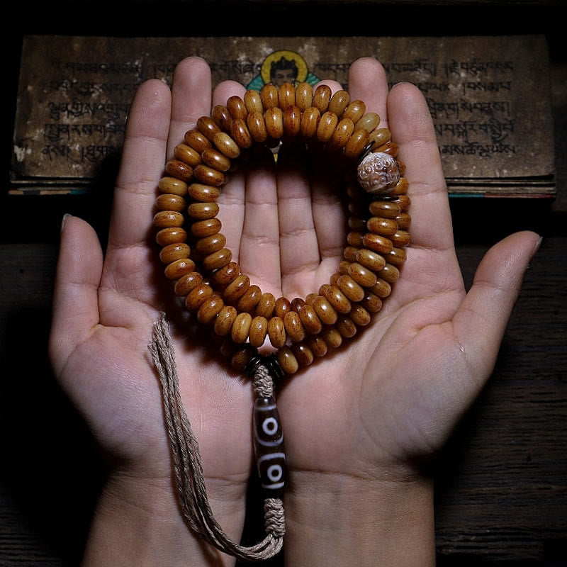Tibet 108 Mala Beads Yak Bone Three-eyed Dzi Bead Keep Away Evil Spirits Bracelet