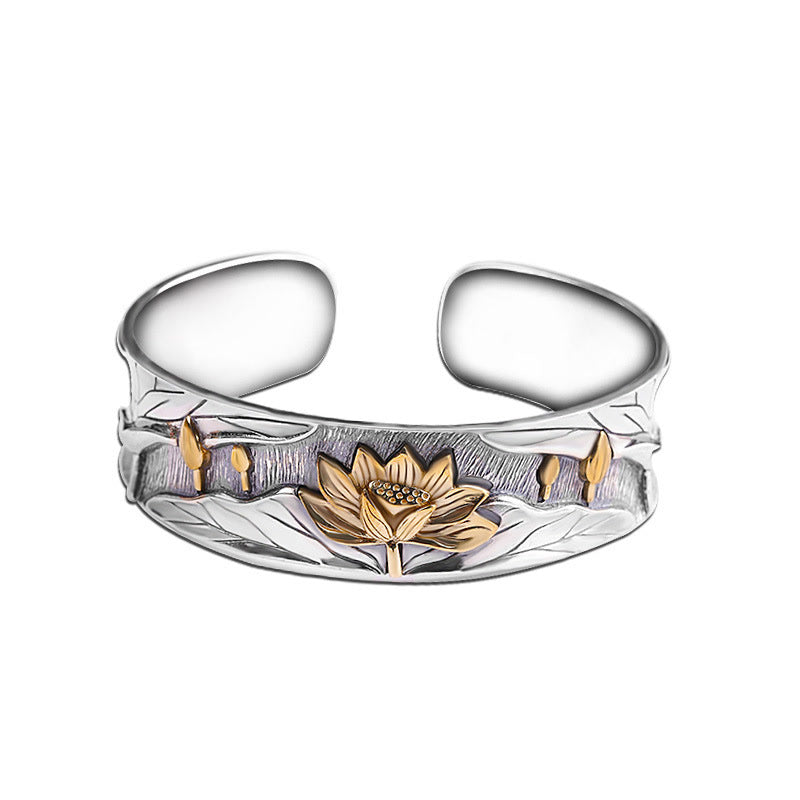 925 Sterling Silver Lotus Flower Calm Bracelet Adjustable Bangle