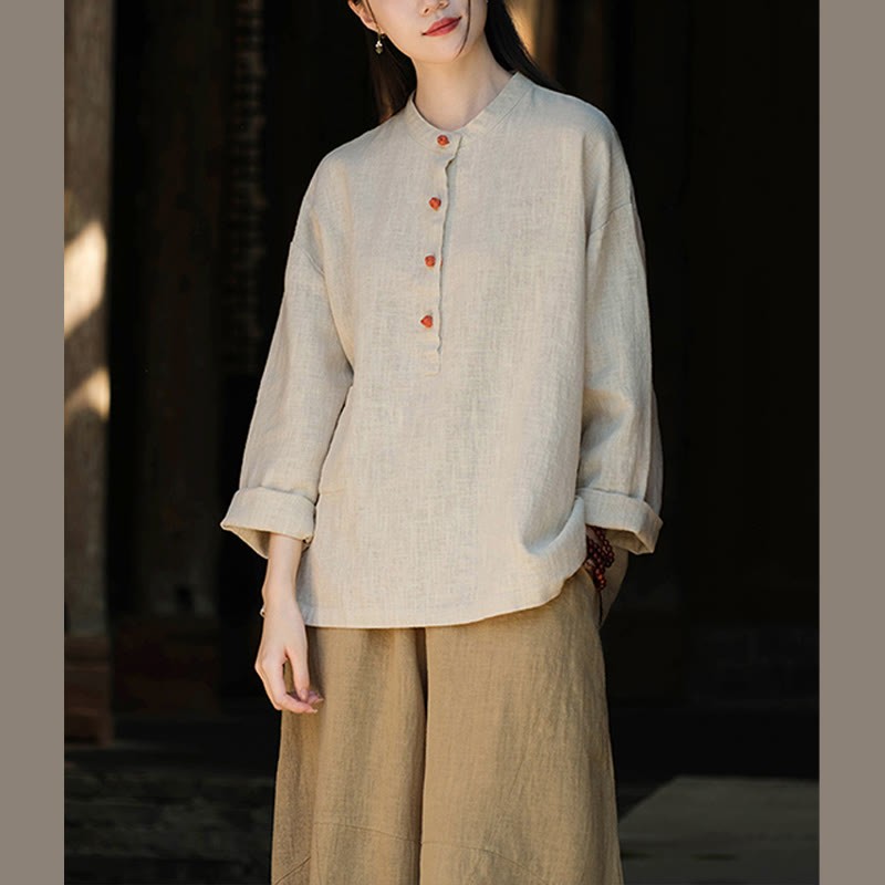Solid Color Loose Button Blouse Long Sleeve Shirt Top