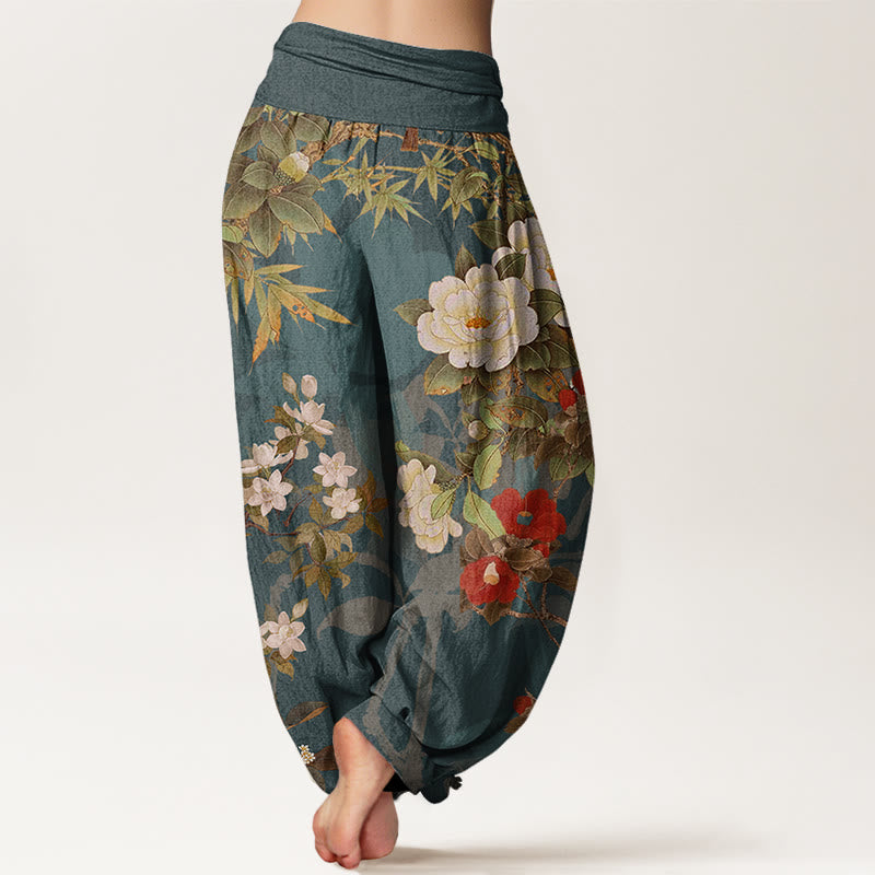 Casual Peony Flowers Leaves Magpie Women's Elastic Waist Harem Pants