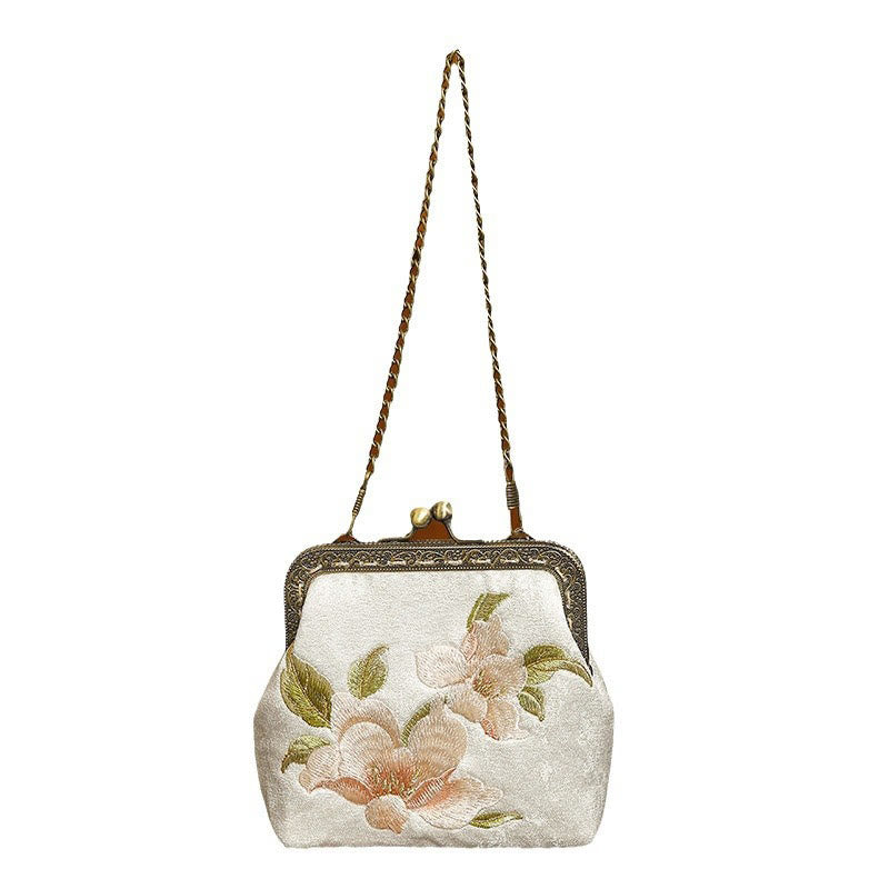 Orchids Oriental Cherry Butterfly Embroidery Metal Handle Handbag