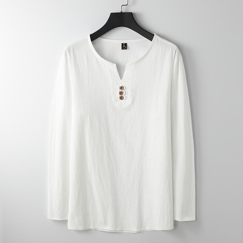 Solid Color Long Sleeve Button Shirt Cotton Linen Men Clothing