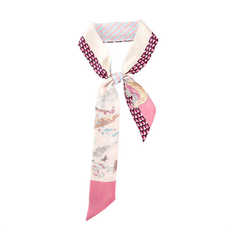 Dunhuang Frescoes Mountains Sunset Floral Pattern 100% Mulberry Twilly Silk Neck Hair Scarf