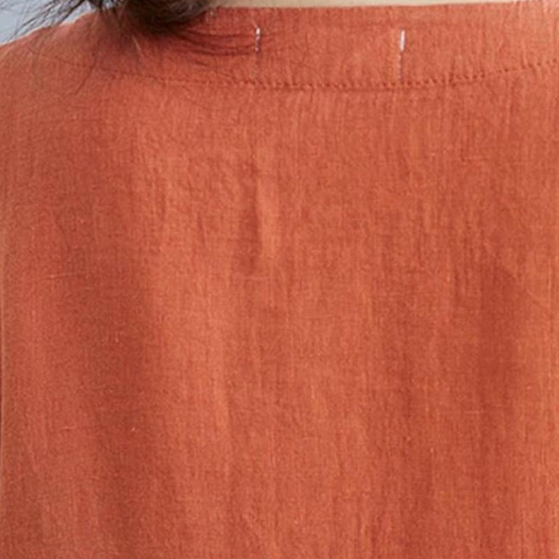 Casual Loose Solid Color Cotton Linen Crew Neck Half Sleeve Design Midi Dress With Pockets