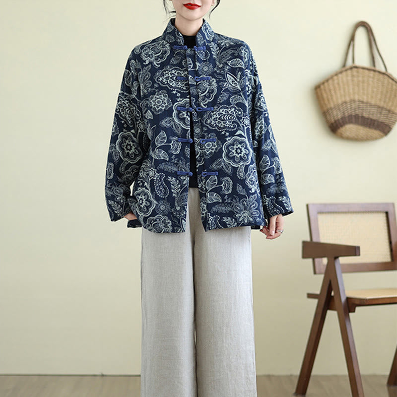 Winter Blue And White Flowers Warm Frog Button Design Long Sleeve Cotton Jacket