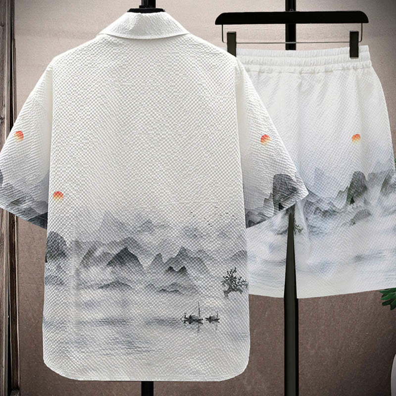 Landscape Coconut Trees Magpie Pattern Short Sleeve Shorts Men's Set