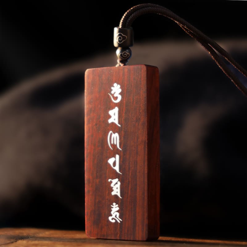 999 Sterling Silver Small Leaf Red Sandalwood Ebony Wood Om Mani Padme Hum Inlaid Protection Necklace Pendant