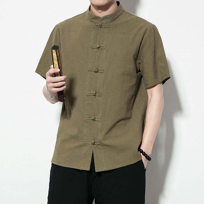 Casual Solid Color Front Frog Buttons Chinese Tang Suit Short Sleeve Linen Men's Shirt