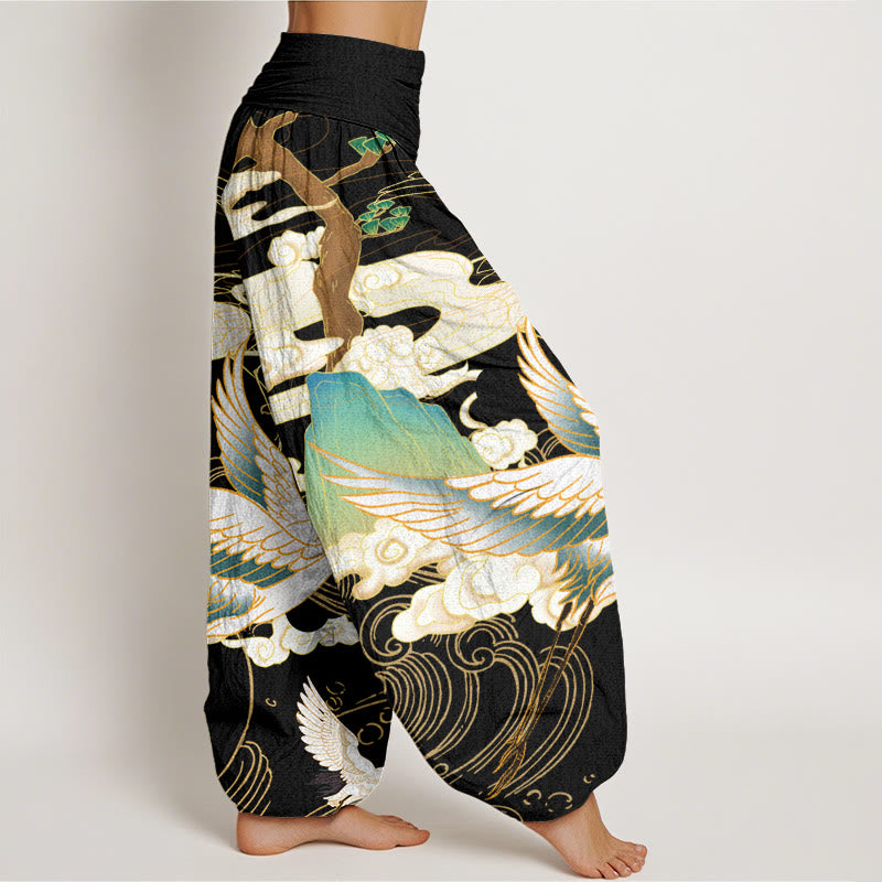 Flying Cranes Auspicious Clouds Tree?women's Elastic Waist Harem Pants