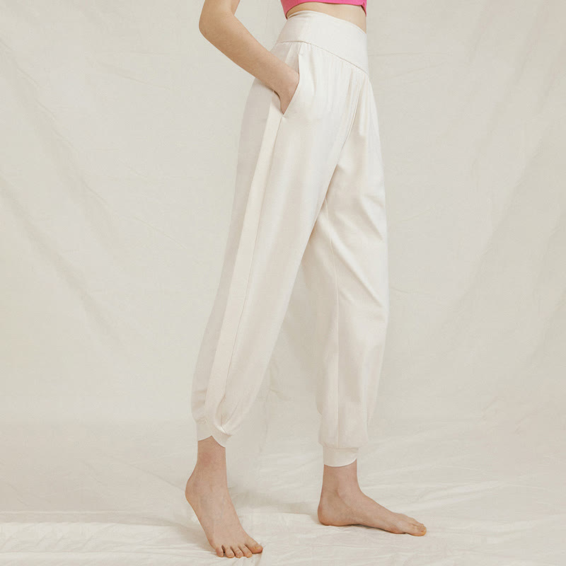 Casual Plain High Waist Side Fold Quick Drying Women's Cotton Pants With Pockets