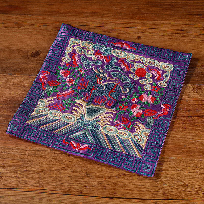 Crane Phoenix Dragon Kirin Embroidered Cup Mat Pad Tea Cup Coaster Square Kung Fu Tea Mat