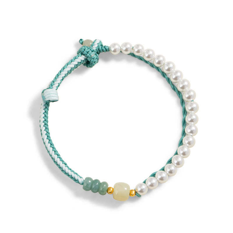 925 Sterling Silver Hetian Jade Braided Rope Pearl Abundance Bracelet