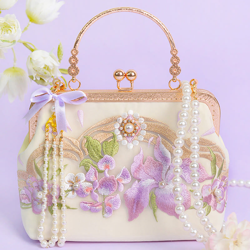 Flowers Embroidered Tassel Pendant Pearl Metal Chain Crossbody Bag Handbags