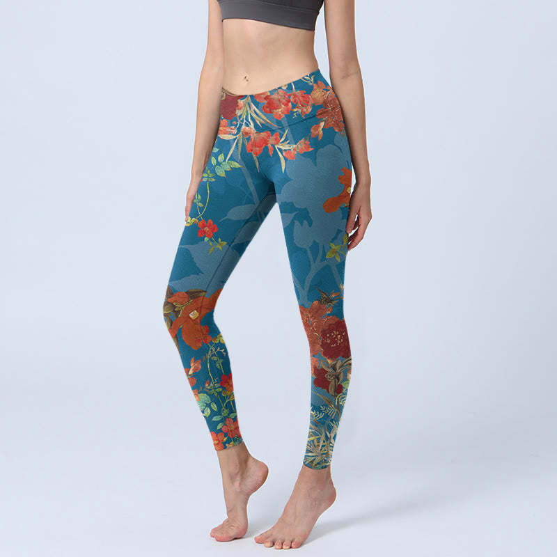 Blue Red Flowers Birds Print Gym Leggings Women's Yoga Pants