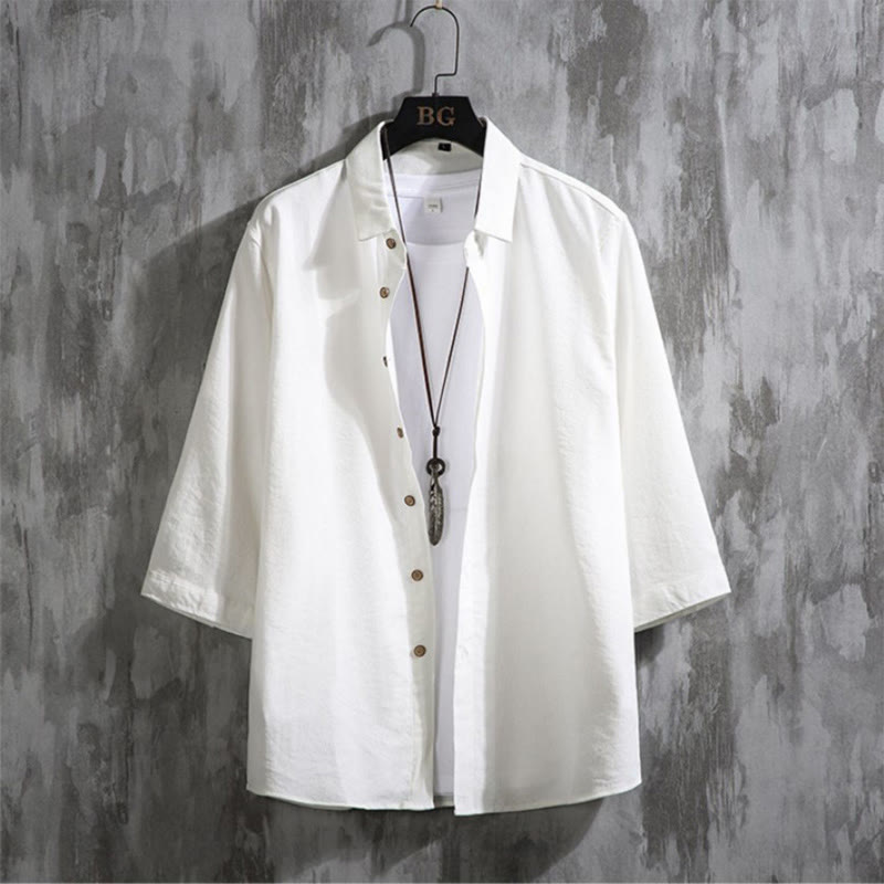 Casual Solid Color Front Button Three Quarter Sleeves Men's Shirt
