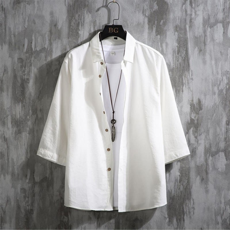 Casual Solid Color Front Button Three Quarter Sleeves Men's Shirt