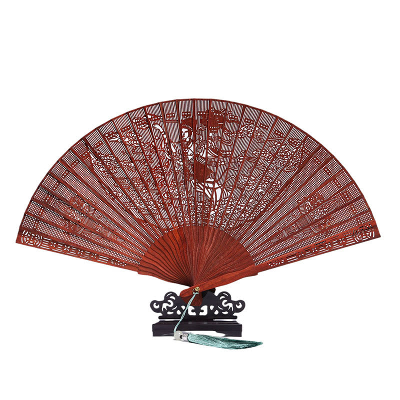 Crane Peacock Chang'e Moon Engraved Pattern Handheld Small Leaf Red Sandalwood Folding Fan