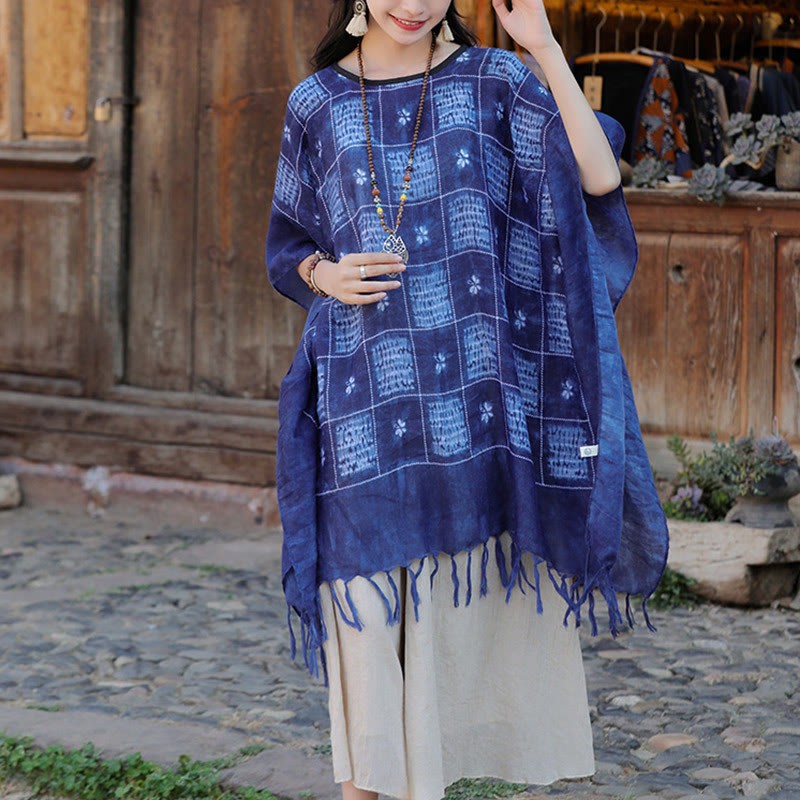 Blue Color Block Plaid Shawl Tassels Soft Pullover 90*95cm