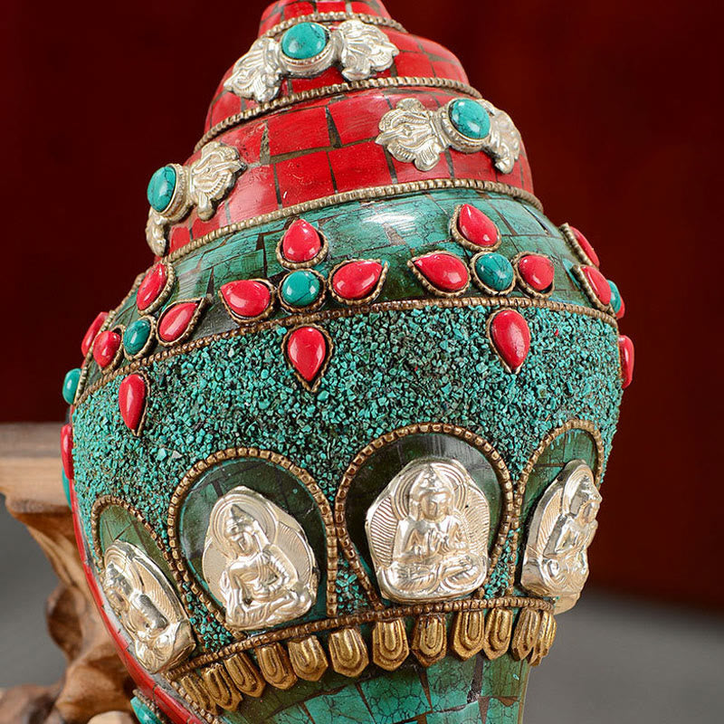 Tibetan Handmade Shankha Om Mani Padme Hum mystic zen Avalokitesvara Turquoise Conch Shell Positive Decoration