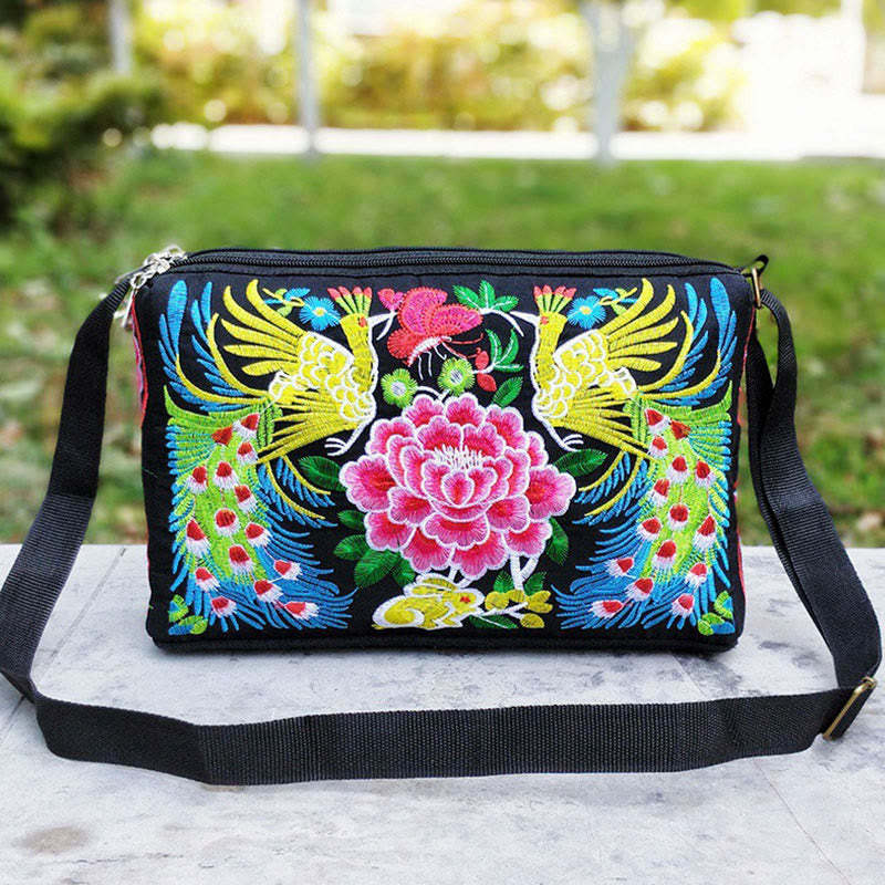 Galsang Inula Flower Peony Peacock Double-Sided Embroidery Canvas Shopping Purse Handbag Crossbody Bag