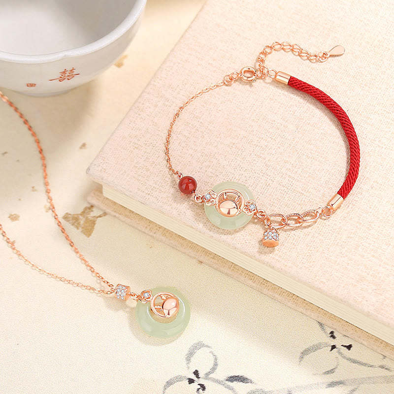 925 Sterling Silver Year of the Dragon Natural Hetian Jade Zircon Peace Buckle Protection Bracelet Necklace Pendant