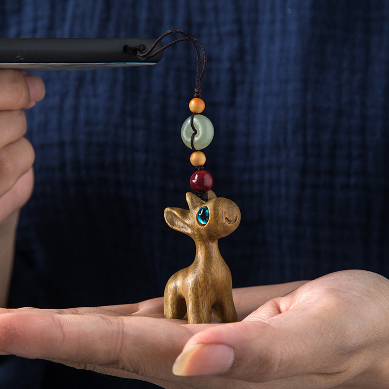 Green Sandalwood Ebony Wood Mini Deer Positive Peace Buckle Key Chain Phone Hanging Decoration
